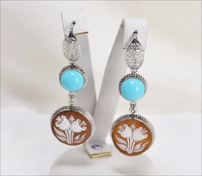 ORECCHINI IN ARGENTO 925 CON PASTA DI TURCHESE E CAMMEI FIORI PENDENTI AGHT 0199 - Immagine 1 di 3