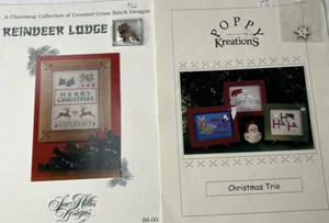 2 COUNTED CROSS STITCH DESIGNS WITH BUTTONS REINDEER LODGE & CHRISTMAS TRIO - Picture 1 of 8