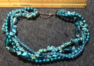 Vintage Multi Strand Turquoise Chips Various Blue Beaded Necklace Choker 18” - Picture 1 of 4