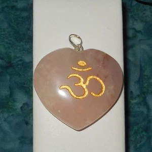 Rose Quartz Heart Pendant Om Sacred Hindu Symbol engraved NEW 1.5" Silver tone K - Picture 1 of 3