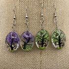 Beautiful Purple & Green sets Real Pressed Flower Tree Of Life Earrings Oval