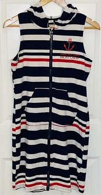 Beach by Exist Junior’s 全拉链连帽衫连衣裙航海红色/白色/蓝色,尺寸 L — 第 1/4 张图片