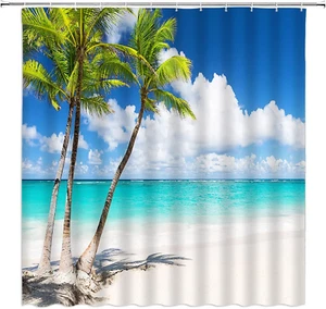 Ocean Beach Shower Curtain Tropical Palm Trees Blue Sky Sea Summer Seaside Scene - Picture 1 of 12