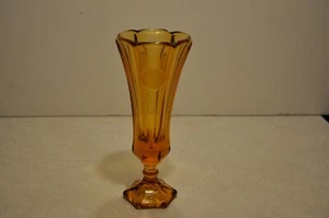 Vintage Fostoria Amber Coin Dot Pattern Eagle Torch & Liberty Bell Glass Vase 8" - Picture 1 of 5