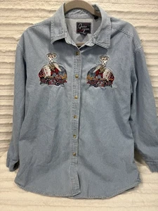 Camisa vaquera vintage años 90 Lets Quizz Again bordada gato talla mediana cabaña LEER - Imagen 1 de 10