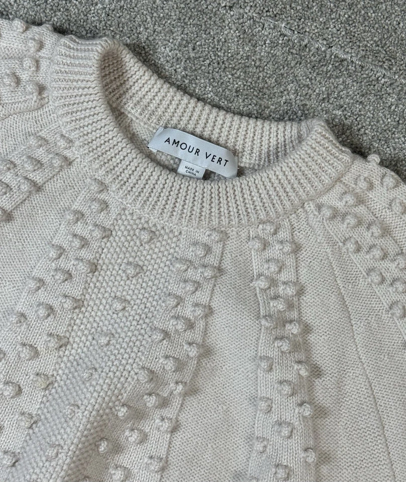 Suéter de Lana Suave AMOUR VERT-Mujer Pequeño-Clásico Crew-Pom Tejido-¡Como Nuevo! Foto 1 de 4