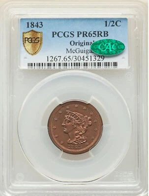 1843 BRAIDED HAIR 1/2C PCGS PR 65 RB - Image 1 of 4