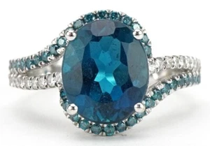 IMPRESIONANTE Anillo Topacio Oro 10kt con Diamantes Blancos y Azules Talla O (3.7g) - Imagen 1 de 7
