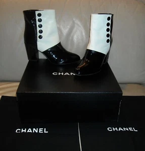 Women's AUTHENTIC Chanel  Short Boots  Size 37 Color White / Black - Picture 1 of 21