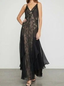 $548 NWT BCBGMAXAZRIA Sz0 EMBROIDERED & SEQUINED SCROLLING LACE GOWN DRESS BLACK - Picture 1 of 6