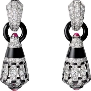 925 Sterling Silver Dangle Earrings Cubic Zirconia Women Onyx & White Jewelry - Picture 1 of 7
