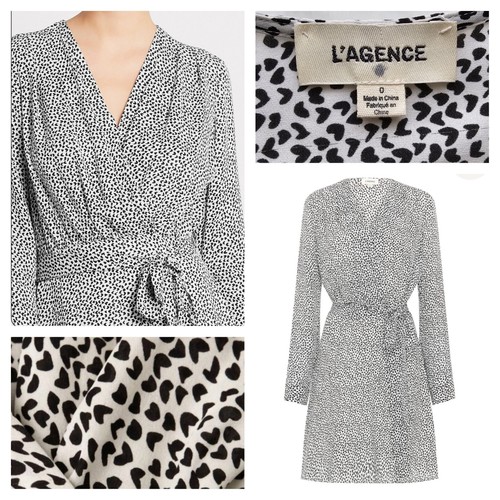 $561 L'AGENCE taglia 0 Diego mini abito seta finta avvolgente nero stampa cuore San Valentino