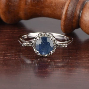 Natural Blue Sapphire diamond Halo Ring 6mm Round Gemstone 925 Sterling silver - Picture 1 of 8
