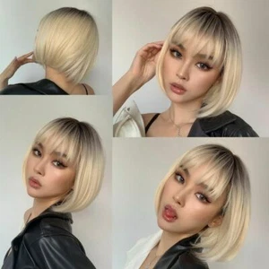 NUOVA parrucca bob corta diritta con borchie capelli sintetici parrucche fibra resistente al calore - Foto 1 di 28