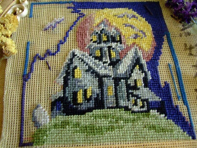 Halloween Theme Villa At Full Moon Night Preworked Needlepoint Canvas - Image 1 of 4