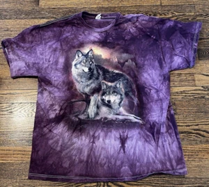 Vintage THE MOUNTAIN Wolf T Shirt XL Purple Tie Dye AOP Delta Pro Weight - Picture 1 of 8