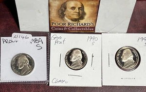 3 Different Jefferson Proof Nickels. As Pictured. 1989S, 90S, 91. F/S! N146 - Picture 1 of 7