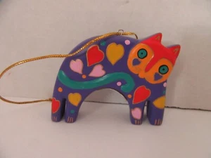 Laurel Burch Wood Christmas Ornament Cat Purple Hearts Multi Color 3.5" Holiday - Picture 1 of 2