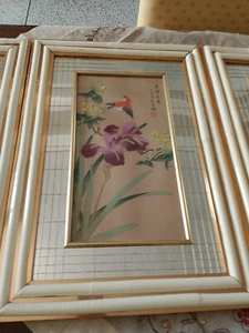 N.4 Quadri Arte Orientale Vintage Acquarello Asiatico Su Carta Di Seta Con... - Foto 1 di 14