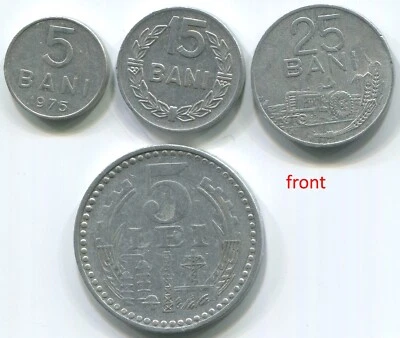 Romania 1975,1978,1982, 5 + 15 + 25 Bani + 5 Lei, lot of 4 aluminum coins. C102 - Image 1 of 2