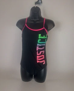 Justice Girl’s One Piece Black Bathing Suit Junior Size 16 With Bright spell out - Picture 1 of 8