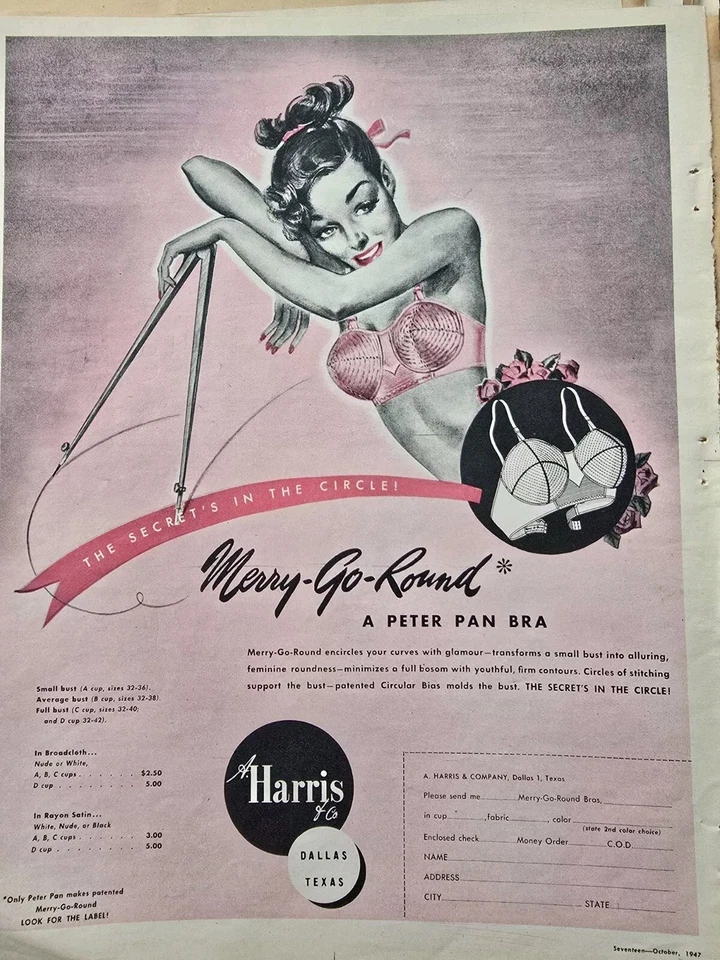 Sujetador Peter Pan rosa 1947 para mujer los secretos en el círculo anuncio de moda vintage  Foto 1 de 1