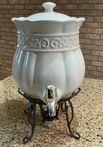 NEW!! Celebrating Home Cream Stoneware Beverage Dispenser (Warm Or Cold) W/Stand - Picture 1 of 6