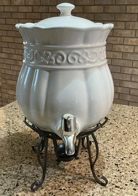 NEW!! Celebrating Home Cream Stoneware Beverage Dispenser (Warm Or Cold) W/Stand - Image 1 of 4