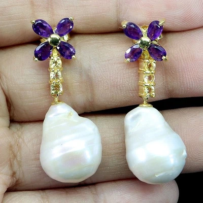 Pendientes de plata de ley 925 pera amatista 5x3 mm perlas de citrino piedras preciosas joyería Foto 1 de 4