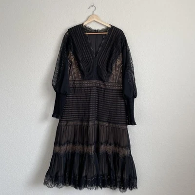 Tadashi Shoji 连衣裙女式 14 Coctail 蕾丝 Pintuck Midi 长袖晚礼服 — 第 1/4 张图片