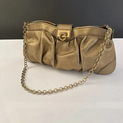 Salvatore Ferragamo Calfskin Leather Clutch Gold Detachable Gold Chain Gancini - Image 1 of 4