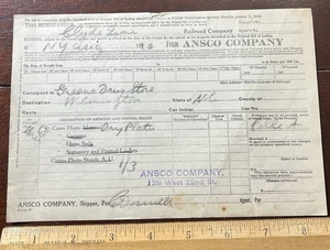 1920 Receipt, ANSCO COMPANY, RAILROAD CO. Freight Receipt, Greens Drug Store - Picture 1 of 2
