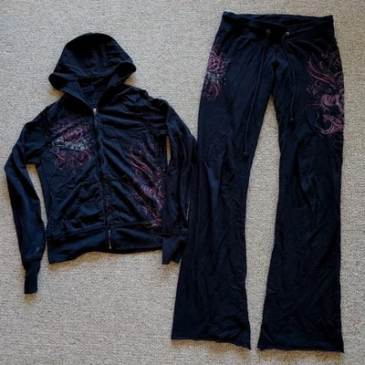 Conjunto de chándal de 2 piezas con capucha rosa y serpiente Y2k negro aflicción pecaminosa de colección Foto 1 de 4