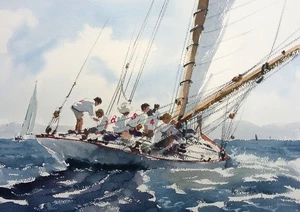 259 The Jib Swings Starboard - Sailing Boats Seascape Watercolour - Ken Hayes - Picture 1 of 2