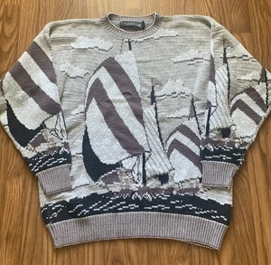 Vintage Crossings Sweater Sail Boats Aop Men Xl 90s Acrylic Pullover Rare Brown - Picture 1 of 4