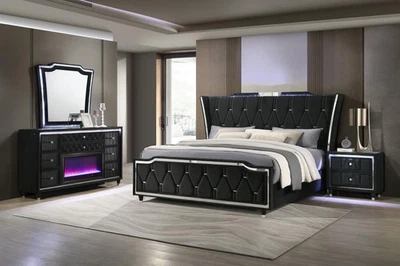 JUEGO DE MUEBLES DE DORMITORIO 4 PIEZAS CAMA KING NEGRO TERCIOPELO LED WINGBACK NS FIREBOX TOCADOR Foto 1 de 4