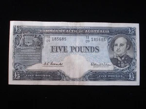 Billete de cinco libras australiano 1960 Coombs Wilson último prefijo TD/09 (AB03) - Imagen 1 de 2