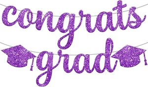 , Glitter Congrats Grad Banner Purple - 10 Feet, No DIY Graduation Banner | Cong - Picture 1 of 12