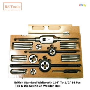 British Standard Whitworth 1/4" To 1/2” 14 Pcs Tap And Die Set Kit USA RSTOOLS - Picture 1 of 14