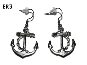 steampunk earrings silver pirate anchor hypoallergenic stainless steel #ER3 - Picture 1 of 5