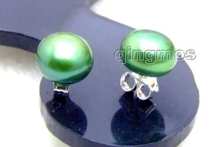 7-8mm Flat Natural Dark Green Pearl Earrings for Women Silver S925 stud-345 - Picture 1 of 4