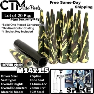 20x 4.5" Tall 14x1.5 Camouflage Spline Spike Lug Nut + Key Fit GMC Pontiac Tesla - Picture 1 of 4