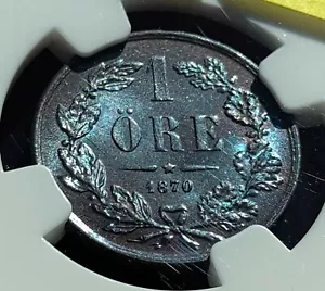 Sweden 1870 1 Ore  NGC MS-65BN  TOP POP! 1/0  Awesome blue toned GEM!   - Picture 1 of 3