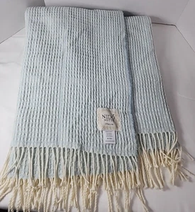 Nido Notte Italian Knit Throw Blanket Blue White Cotton Blend Fringe Boho 51x42 - Picture 1 of 4