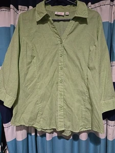 Camicia Denim & Co. verde a quadri manica 3/4 con bottoni Lg - Foto 1 di 3