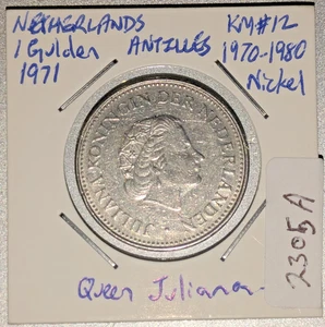 1971 Netherlands Antilles 1 Gulden Nickel EF KM#12 Queen Juliana (2305A) - Picture 1 of 2
