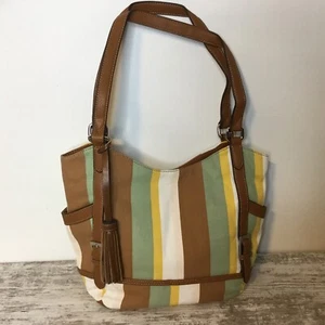 TIGNANELLO Fabric Canvas Tote Shoulder Bag Striped Brown Yellow Green - Picture 1 of 11