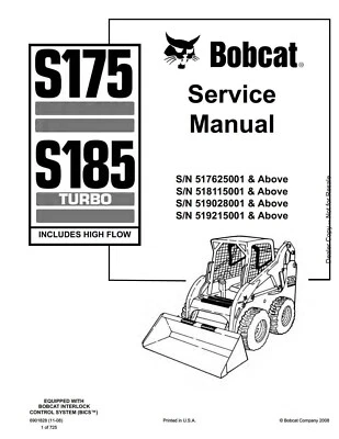 Bobcat S175 S185 Skid Steer Loader Workshop Manual Service Shop Repair 6901828 - Image 1 of 4