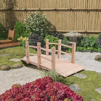 Puente de jardín de 5 pies, arco de madera clásico con rieles de seguridad pasarela con acabado natural Foto 1 de 4