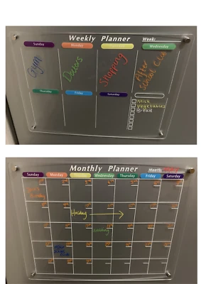 Set of 2 Acrylic Magnetic Fridge Calendars Dry Erase, Weekly and Monthly 40x30cm